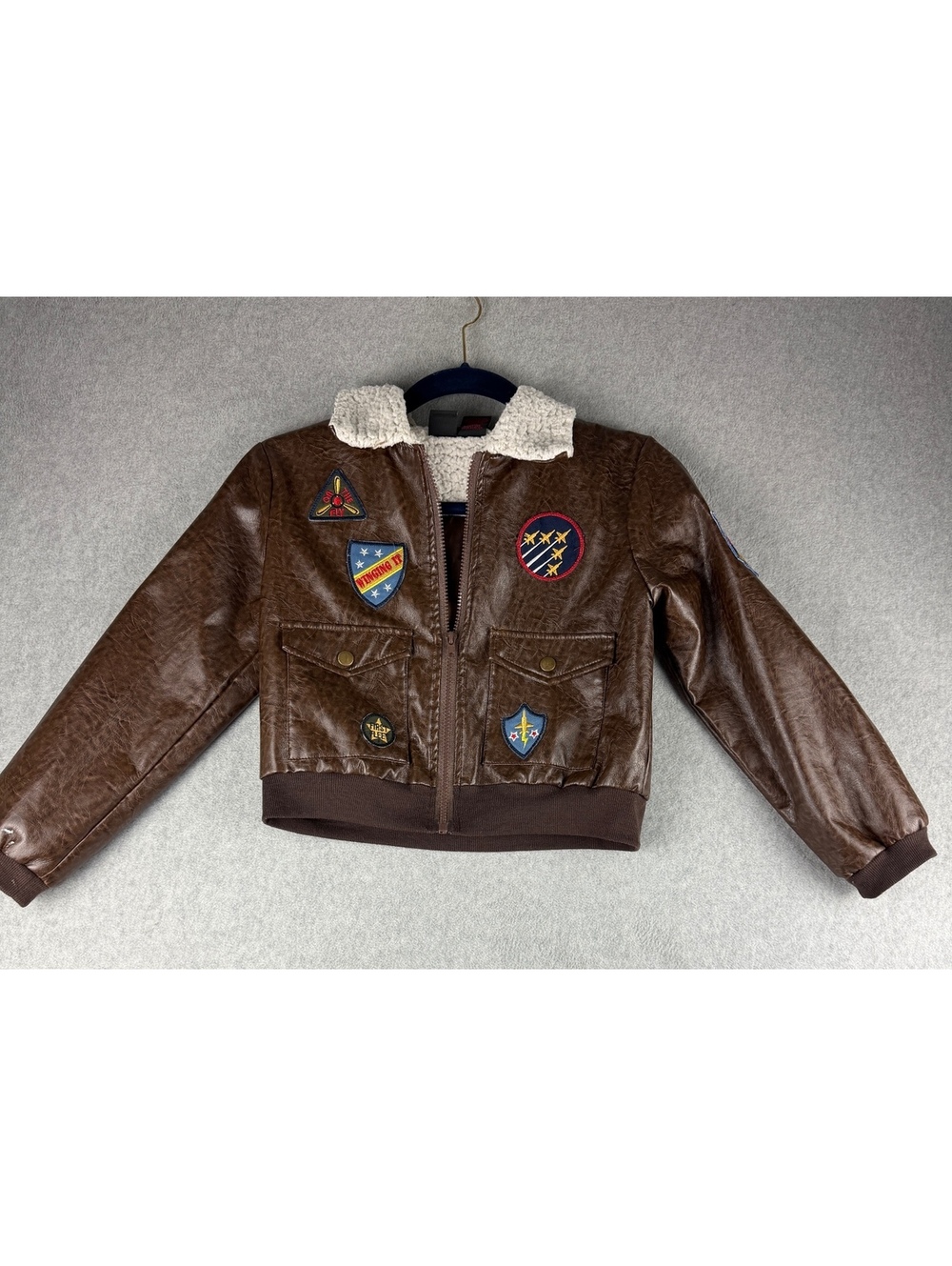 Authentic Kids Aviator Bomber Jacket Size 7 Brown Faux Leather Sherpa